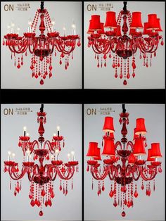 red chandelier in four different stages of installation