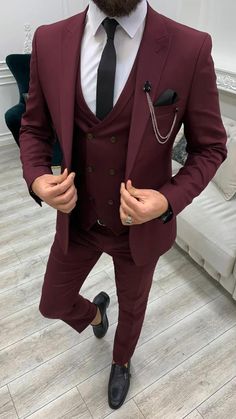 Maroon Suit, Mens 3 Piece Suits, Pants Gift, Burgundy Suit, Wedding Suits Groom, Suit Material, Lapel Jacket, Prom Suits, Plaid Suit