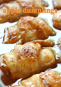 an image of apple dumplings in the process of being cooked and cut into bite size pieces