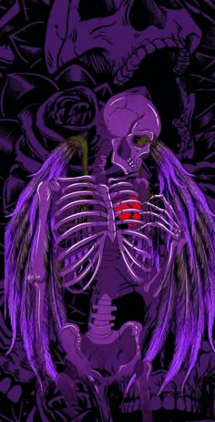 an image of a skeleton with purple hair on it's head and wings in the background