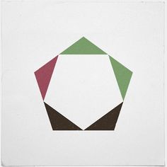 an abstract geometric design on white paper with red, green and brown shapes in the center