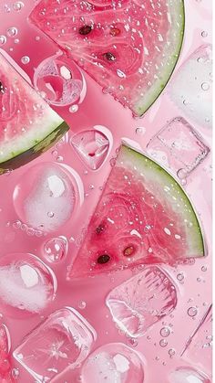 watermelon slices and ice cubes are arranged on a pink surface with bubbles