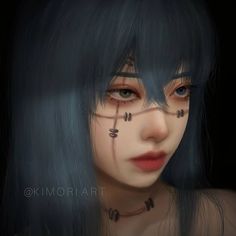 a digital painting of a woman with black hair and piercings