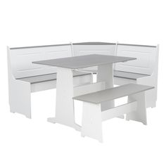 a white bench and table with two benches