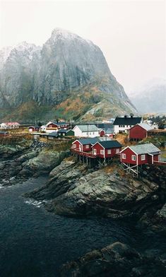 small red houses on the rocky shore with mountains in the background