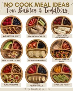 a wooden tray filled with different types of food and the words, no cook meal ideas for babies & toddlers