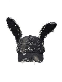 This denim cap features bunny ear-shaped decorations and a bunny skeleton embellishment on the hat, adding a unique touch to the design. The frayed hem give the cap an edgy look.  Please note that the price includes only one cap. Bunny Ear Beanie, Black Bunny Ears, Duck Hat, Kpop Clothes, Black Pleated Mini Skirt, Steampunk Fashion Male, Black Bunny, Denim Cap, Bunny Hat