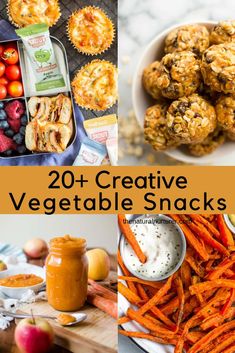 the collage shows different types of vegetables, snacks and dips with text overlay that reads 20 + creative vegetable snacks