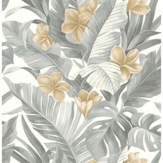 a wallpaper with yellow flowers and green leaves on white background in shades of grey, beige and gold