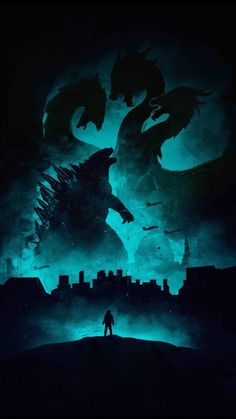 godzilla silhouetted against a dark background with city lights