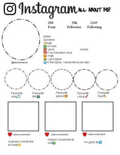 the instagramn and heart me worksheet is shown in this graphic file