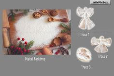 the ingredients for an angel cake are displayed on a cutting board, including pine cones and other decorations