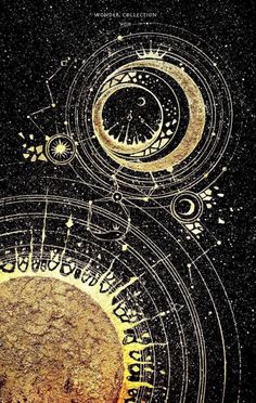 an artistic painting with circles and stars in the sky, on top of a black background