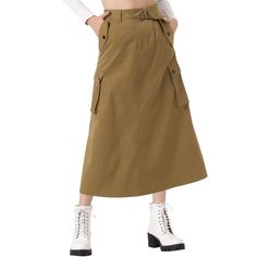 The long cargo skirt pockets and tie waist ends add elegant to the overall look, while the ruched detailing adds a touch of elegance. Whether you're going to a club, a party, or just hanging out with friends, these cargo skirts long are versatile enough to suit any occasion. Y2K cargo skirts for women are designed with functional pockets, you no longer have to flip your bags! Pair them with a crop top, tank top, or a stylish shirt for a chic and fashionable look. Y2k Fashion Skirt, Straight Long Skirt, Y2k Skirts, Midi Flare Skirt, Brown Outfit, A Line Mini Skirt, Streetwear Casual, Cargo Skirt, Blazer And Shorts