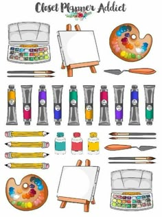 an assortment of art supplies including paint, brushes and palettes with text overlay