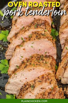 sliced pork tenderises on a grill with parsley