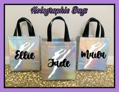 three holographic bags with the words eiler and water on them