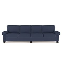 a blue couch with wooden legs on a white background