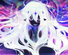 an anime character with long white hair and blue eyes, standing in front of a purple background