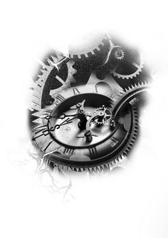 a black and white clock with gears on it