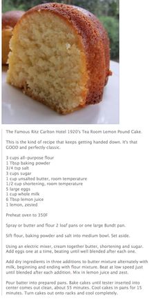 a recipe for a lemon pound cake on a plate