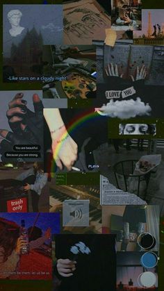 a collage of images with different pictures and words on them, including a person's hand