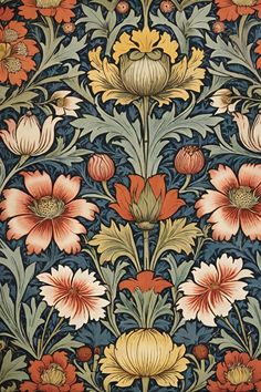 an intricately designed wallpaper with flowers and leaves in blue, red, yellow and orange colors