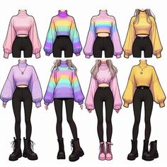 a bunch of different colored sweaters and leggings with high heels on them