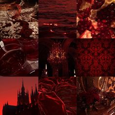 a collage of photos with red and black colors in the background, including an image of a castle