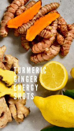 ginger energy shots with lemons, ginger and ginger root on the side text reads turmetic ginger energy shots