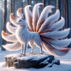 a white fox with red tail standing on top of a rock in the snow surrounded by trees