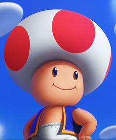 a cartoon character with a mushroom on his head in front of blue sky and clouds