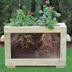 a wooden planter filled with dirt and plants