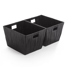 two black plastic containers sitting next to each other