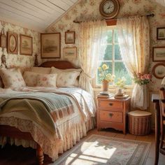 a bed sitting under a window next to a wooden table and chair in a bedroom