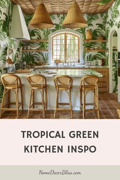 Tropical-themed kitchen with rattan chairs and lush green plant wallpaper.