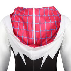 the back of a spider - man cosplay's costume, with its hood pulled up