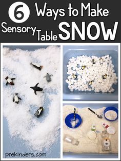 snow activities for toddlers to make and play in the snow with text overlay that reads 6 ways to make snowy table