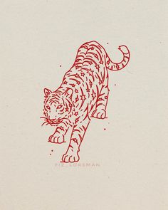 a red ink drawing of a tiger on white paper