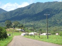 an empty road in the middle of a lush green field with mountains in the background