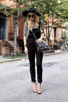 Womens Denim Overalls, White Outfits For Women, Color Sunglasses, Atlantic Pacific, Jeans Overall, Black Overalls, Outfit Trends, Black Hat, 가을 패션