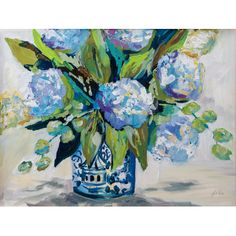 a painting of blue and white flowers in a vase