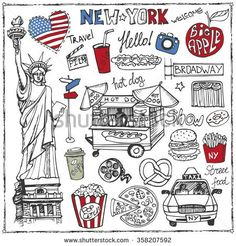 new york doodle with the statue of liberty, food and other things to eat