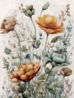 an image of flowers painted on the side of a wall with watercolors and pastel colors