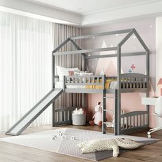 a child's bedroom with a bunk bed and slide