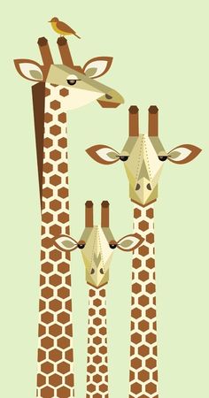 three giraffes standing next to each other with one bird on top of them