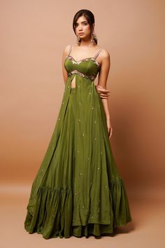 Buy Ahi Clothing Green Heavy Crepe Front-slit Kurta And Ruffle Hem Lehenga Set Online | Aza Fashions Kurta And Lehenga, Mehendi Outfit, Mehendi Outfits, Anarkali Dress Pattern, Traditional Indian Dress