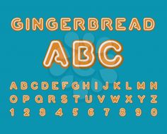 the gingerbread abc font and numbers are in an orange color on a blue background