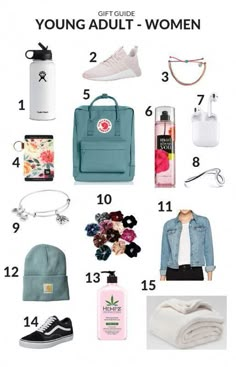 the contents of a young adult - women's travel bag are shown in this poster