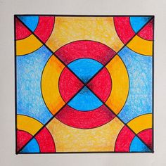 a drawing of an abstract design in red, yellow and blue